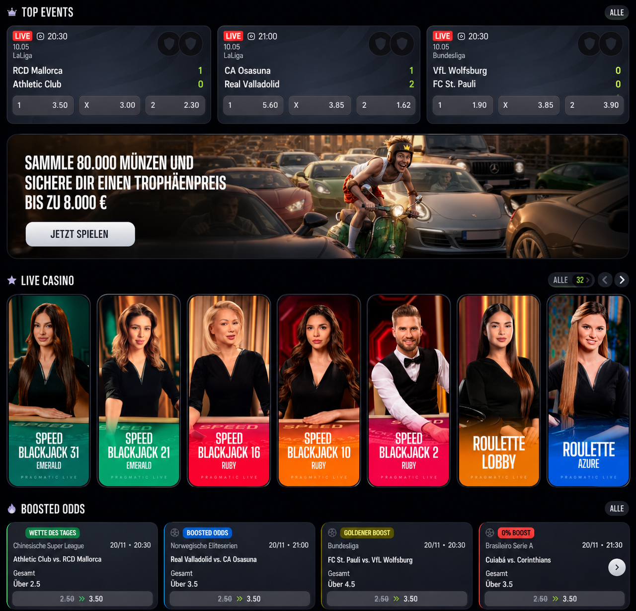 Screenshot of a casino website featuring diverse games like poker, blackjack, and slot machines